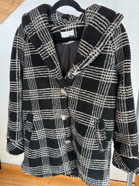 Z Supply Black & White Plaid Hooded Teddy Jacket